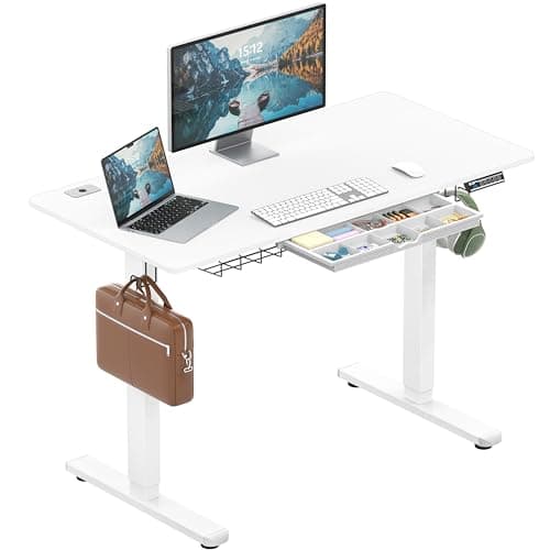SHW 48-Inch Electric Height Adjustable Standing Desk with Drawer, Memory Preset and Cable Management Tray, White