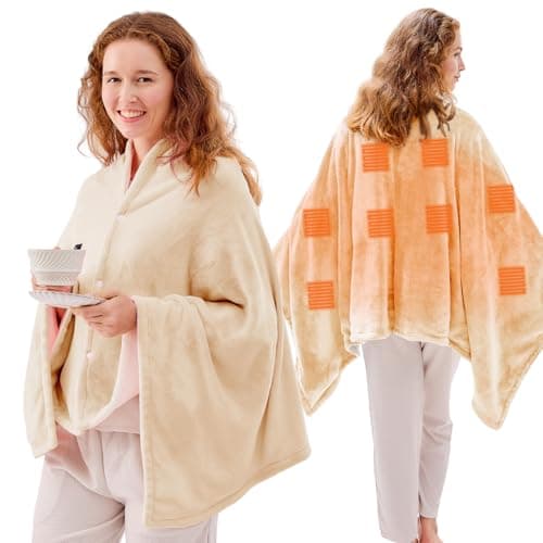 JOLLYVOGUE USB Heated Blanket Throw, Wearable & Portable Heating Electric Blanket for Adults, 3 Levels & 8 Heating Zone Shawl for Indoor & Outdoor, Beige (Battery Not Included)