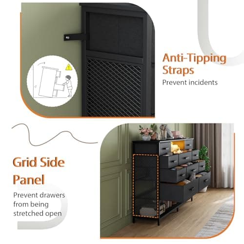 Harpaq Black Dresser for Bedroom with 10 Drawers, Chest of Drawers with Charging Station, TV Stand Storage with LED Light for 55" TV, Fabric Drawers with PU Finish, Dresser with Shelves for Closet 7