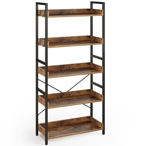 Rolanstar Bookshelf 5 Tier with 4 Hooks, Industrial Wood Bookcase, Vintage Storage Rack with Open Shelves, Rustic Standing Bookshelves Display Rack for Living Room, Bedroom, Rustic Brown
