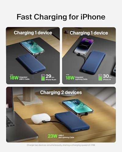 Belkin Portable Charger Power Bank for iPhone/Android - 10,000mAh, 23W Battery Pack with USB-C, Lightning Cables - Pass-Through, Charge 2 Devices, Phone, Watches, Tablets 7