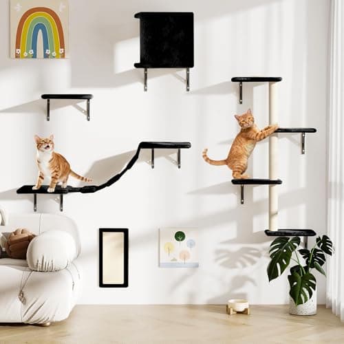 Wall Mounted Cat Furniture Set of 5 With Tree, Perch, Scratcher, Bridge and Condo, Gray (Black) 9
