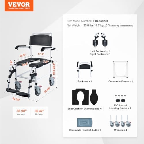 VEVOR Shower Commode Wheelchair with 4 Lockable Wheels, Footrests, Flip-up Arms, 3-Level Adjustable Height, 5L Removable Bucket, 350 LBS Capacity, Commode Chair for Adults Seniors 7