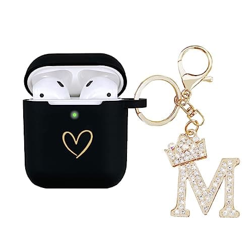 AIIEKZ Compatible with AirPods Case Cover, Soft Silicone Case with Gold Heart Pattern for AirPods 2&1 Generation Case with Rhinestone Studded Letter A-Z Keychain (M Black)