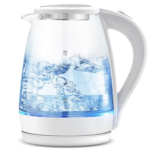 Pukomc Electric Kettle - 1.7L Hot Water Boiler - Glass Tea kettle with Wide Opening and Led Indicator, Auto Shut-Off and Boil-Dry Protection - Series 9460,White