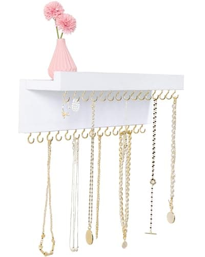 CCINPPY Necklace Holder Wall, Jewelry Holder Organizer Wall with 30 Jewelry Hooks and Shelf, Wooden Hanging Necklace Hanger Organizer Wall Mount for Necklaces Bracelets, and Chains White