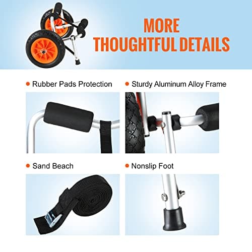 VEVOR Kayak Cart, 250lbs Load Capacity, Foldable Kayak Dolly Aluminum Kayak Wheels with 10'' Solid Tires for Kayaks Carrier Canoes Paddleboard Kayak Trolley Float Mats Jon Boats 6