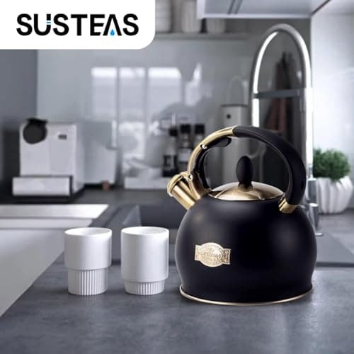 SUSTEAS Stove Top Whistling Tea Kettle - Food Grade Stainless Steel Teakettle Teapot with Cool Touch Ergonomic Handle, With 1 Silicone Pinch Mitt Included, 2.64 Quart(BLACK) 5