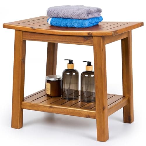 Upolana Teak Shower Bench, 20" Solid Wood Shower Stool Waterproof Shower Seat with Storage Shelf for Bathroom, Indoor & Outdoor Use