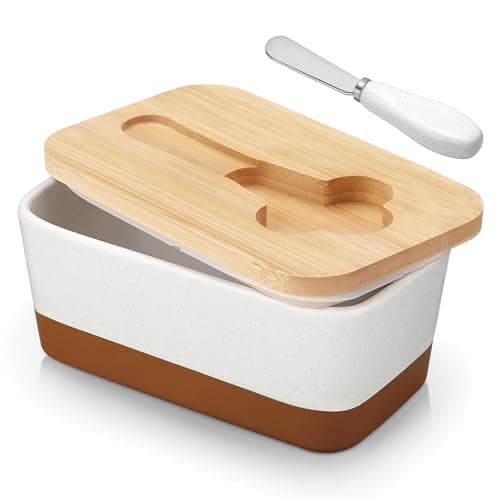 MALACASA Butter Dish with Lid, Large Butter Dish for Countertop, Ceramic Butter Keeper Container with Knife and Bamboo Lid, White, Series TARA