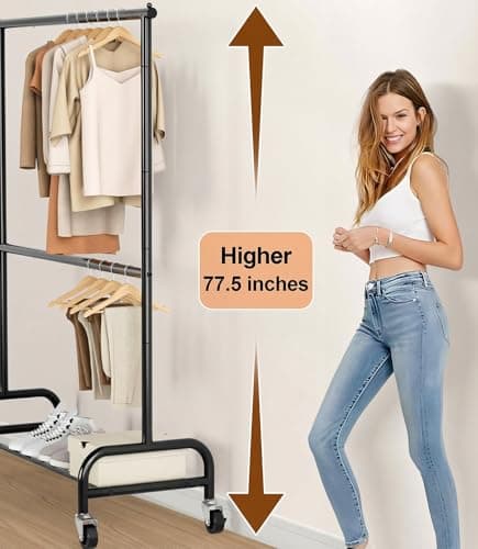 MISSLO Heavy Duty Clothing Racks for Hanging Clothes Rack Double Rod Garment Rack Rolling Closet Wardrobe Rack on Wheels, Metal, Adjustable, Black 3