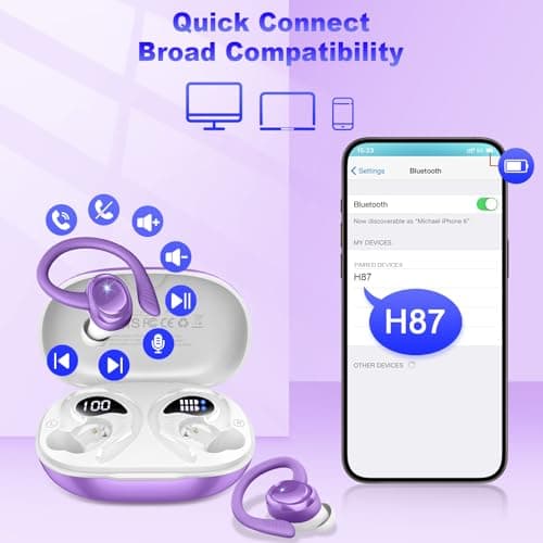 Hupoaf Wireless Earbuds Sport, 2025 Bluetooth 5.4 Headphones with Earhooks, 50H Stereo Deep Bass Over Ear Buds with 4 ENC Noise Canceling Mics, IP7 Waterproof Earphones for Running Workout Gym -Purple 7