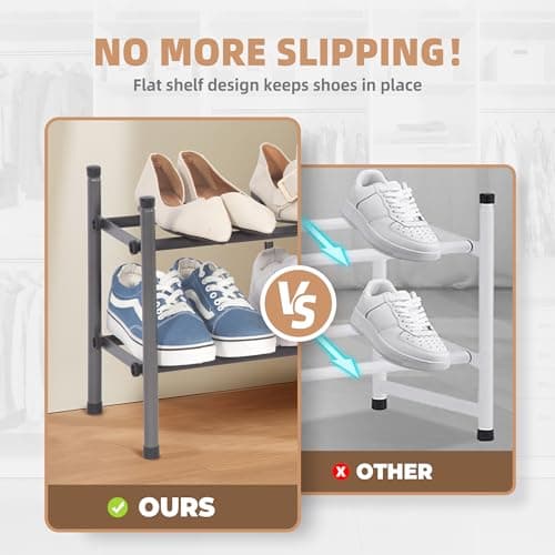 STORAGE MANIAC Expandable Shoe Rack, 8 Pairs Stackable Small Shoe Rack, Metal Adjustable Shoes Organizer for Closet, Entryway, Hallway, Garage, Front Door, Shoes Shelves, Black 2 Tier 6