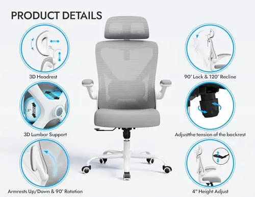 Ergonomic Office Chair: White Computer Desk Chair Comfy Gaming Chair for Adults - Office Chair with Lumbar Support & Headrest - Executive Office Rolling Chairs for Home Work (Grey) 5