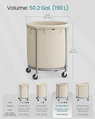 SONGMICS 50.2-Gallon (190 L) Laundry Basket with Wheels, Rolling Round Heavy-Duty Laundry Hamper Cart with Steel Frame and Removable Bag, 2 Locking Wheels, Cream White and Metallic Silver URLS01MZ 7