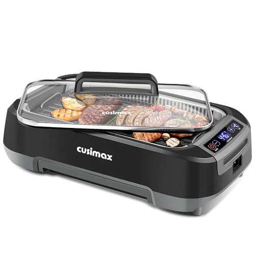 CUSIMAX Smokeless Indoor Grill, 1500W Electric Grill Korean BBQ Grill with LED Smart Display & Tempered Glass Lid, Non-stick Removable Grill Plate, Turbo Smoke Extractor, Black New Model