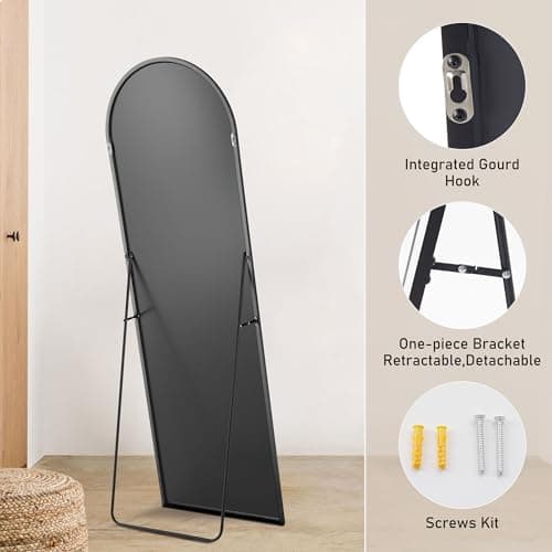 OLIXIS Arched Full Length Mirror with Stand, Full Length Mirror for Bedroom, Cloakroom, Living Room, Aluminum Alloy Thin Frame, 64"x21" Large, Floor Standing Tall, Black 7