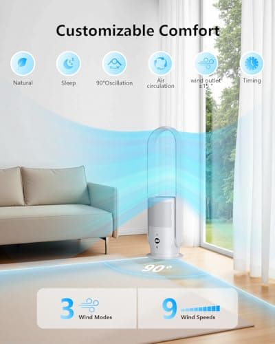 U ULTTY Bladeless Tower Fan and Air Purifier in one, True HEPA Filter 99.97% Smoke Dust Pollen Dander, Oscillating Tower Fan with Remote Control CR022D, White 9