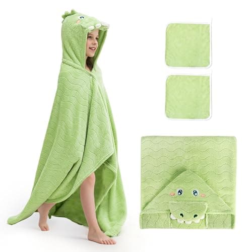 UNEEDE Green Dinosaur Bath Hooded Towel for Kids,Extra Soft and Fast Drying Poncho for Toddlers Age 3-10,Kids Beach Hooded Towel Polyester Size 31 x 47 in,Machine Washable Poncho for Bath Beach Pool