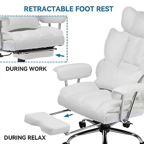 Efomao Big and Tall Office Chair 400lbs, Executive PU Leather Desk Chair with Footrest & Lumbar Support, Heavy Duty Computer Seating for Home, White 7