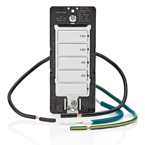 Leviton Countdown Timer Switch for bathroom fan and household lights, 2-5-10-15 min, No Neutral Required, Single Pole, 15A, 1/2 HP/9.8A Fan/Motor, DT115-1LW, White 10