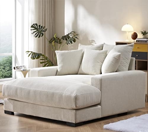 Container Furniture Direct Luxe Upholstered Chaise Lounge Sofa in Soft Corduroy Fabric with Removable Cushions, Oversized Chair for Relaxing in Living Room or Bedroom, 55.1" Wide, Beige