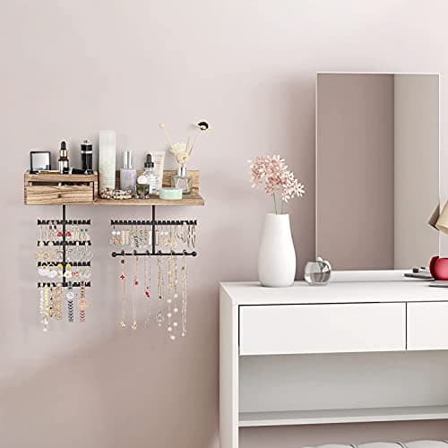 VINAEMO Jewelry Organizer Hanging Wall Mounted Jewelry Holder with Rustic Wood Drawer & Large Capacity Storage Shelf Rack Display for Earrings Rings Necklaces Bracelet 6
