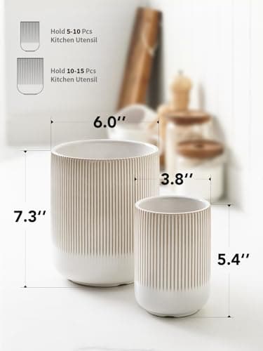 LE TAUCI Utensil Holder for Kitchen Counter, 7.3"+5.4" Fluted Ceramic Utensil Crock Organizer for Countertop, Heavy Large Holder for Spatulas, Spoons, Set of 2, Warm White Glaze 6