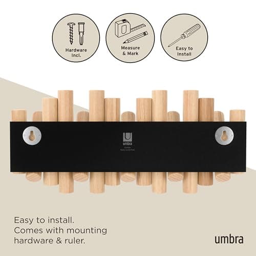 Umbra Picket Coat Rack Wall Mount – 5 Flip-Down Wood Coat Hooks, Modern & Functional Storage, Easy Install Wall Hooks, Natural 6