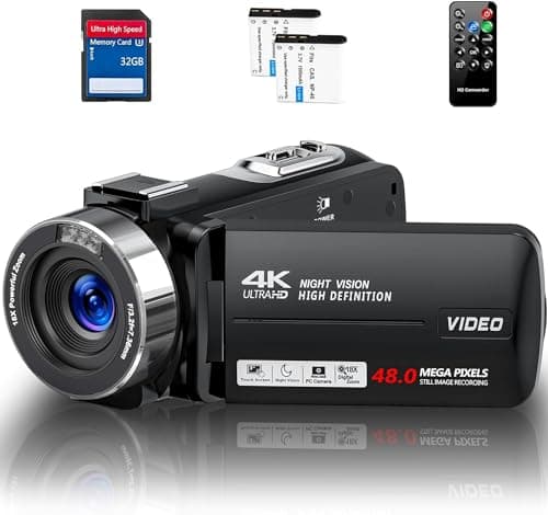 Camcorder Video Camera 4K Ultra 48MP with IR Night Vision,18X Digital Zoom Camcorder Recorder 3" 270° Rotation Touch screen Vlogging Camera for YouTube with Remote Control,2 Batteries,32GB SD Card