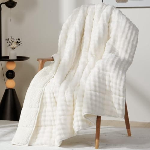 Cottonblue Weighted Blanket 15lbs for Adults, Fluffy Bubble Sherpa Fleece Weighted Blankets for Queen Size Bed, Cute Fuzzy Warm Heavy Blanket for Calming & Sleeping, 60"x80", Cream White
