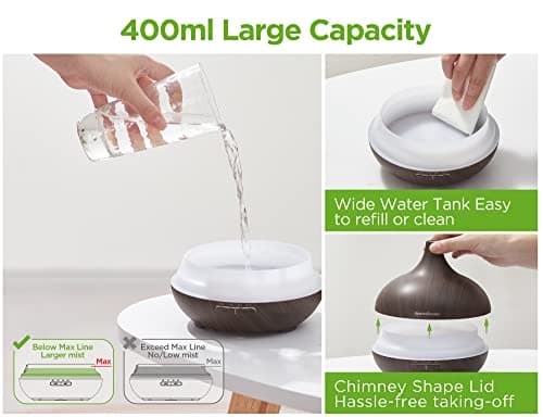 InnoGear Aromatherapy Diffuser & 10 Essential Oils Set, 400ml Diffuser Ultrasonic Diffuser Cool Mist Humidifier with 4 Timers 7 Colors Light Waterless Auto Off for Valentine's Gift, Dark Wood Grain 8