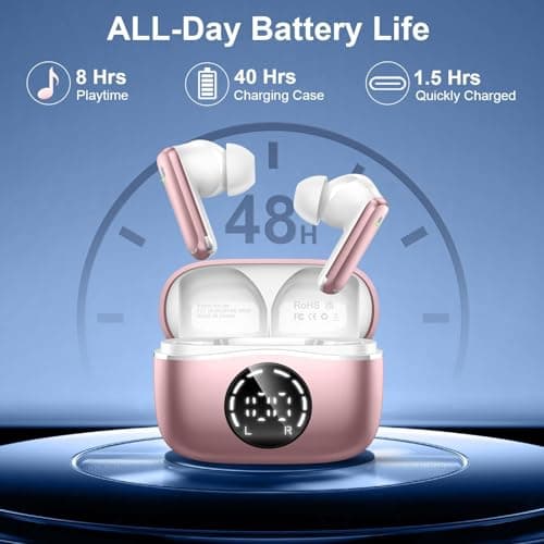 Wireless Earbuds, 2025 Bluetooth 5.4 Headphones NEW Ear Buds 40H Bass Stereo in-Ear Earphones ENC Noise Cancelling Earbuds with 4 HD Mic, USB-C LED Display IP7 Waterproof Sport Headset for Android iOS 5