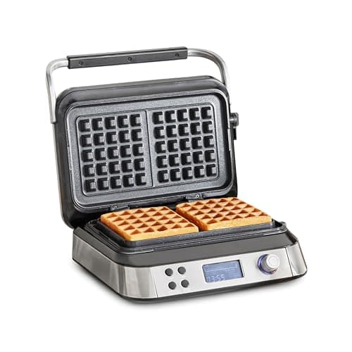 GreenPan Stainless Steel 2-Square Waffle Maker Iron, Healthy Ceramic Nonstick Plates, Adjustable Shade & Crunch Settings, Large Moat Prevents Overflow, Easy-to-use Presets LED Display, PFAS-Free