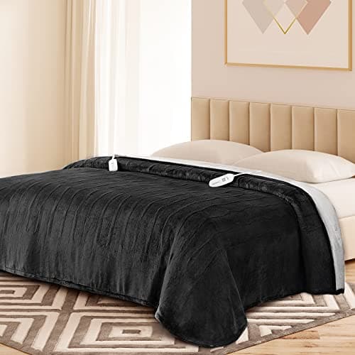 Yokimisu Heated Electric Blanket Dual Control Queen Size 84'' x 90'' Flannel, 5 Heat Settings, 10 Hours Auto Off Heated Throw Blanket, ETL and FCC Certification Fast Heating, Machine Washable, Black