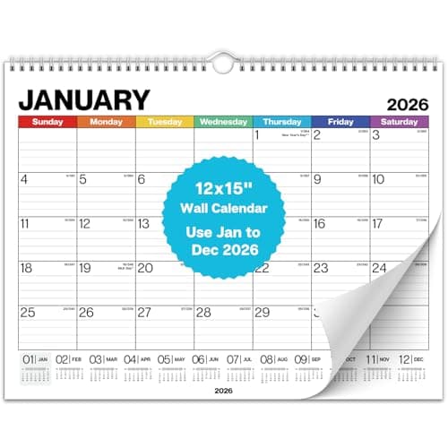 Dunwell 12x15 Wall Calendar 2026 (Colorful), Use Jan to Dec 2026, Large Lined 12 x 15 Monthly Calendar, Professional Styling for Home or Office, Premium Paper