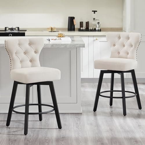 Counter Height Barstools 26 inch Upholstered Button Tufted Swivel Bar Stools with Back and Wood Legs for Kitchen Island,Set of 2,Beige Fabric-Nailhead Trim