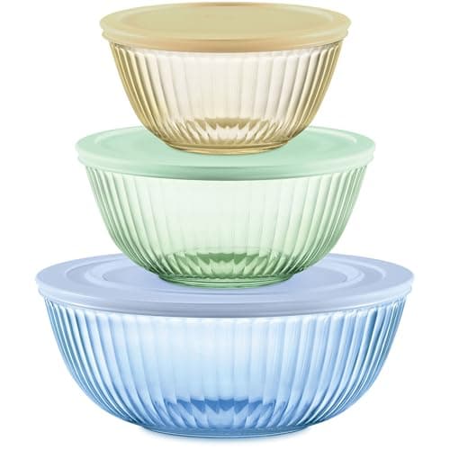 Pyrex Colors Tinted (3-Pack, Full Set) Sculpted Tinted Glass Mixing Bowls With Plastic Lids, Nesting Space Saving Set of Bowls For Prepping and Baking, 1.3QT, 2.3QT & 4.5QT