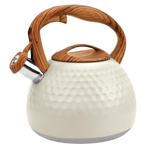 GGC Tea Kettle for Stove Top, Loud Whistling Kettle for Boiling Water Coffee or Milk, 3.1 Quart 3L Heavy Stainless Steel White Kettles with Wood Pattern Handle, Unique Button Control Kettle Outle