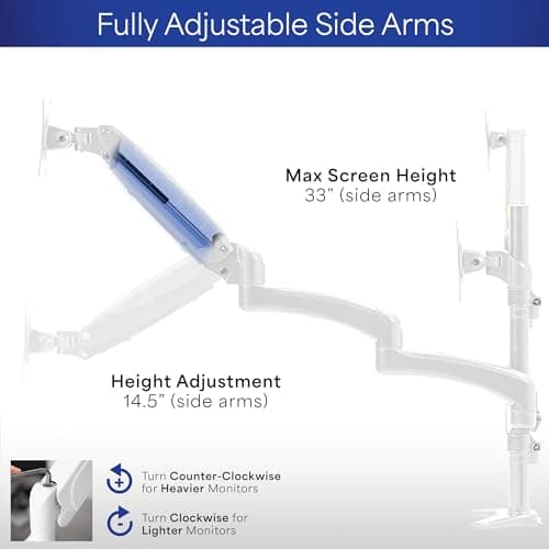 VIVO 17 to 32 inch Triple Pneumatic Monitor Mount, 2 Pneumatic Arms, 1 Fixed, Adjustable Swivel, Rotation, Heavy Duty VESA Desk Stand with C-clamp, Max VESA 100x100, White, STAND-V300GW 7