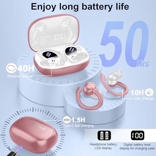 Wireless Earbuds, Sports Bluetooth 5.4 Headphones, Bass Sound 50Hrs Playtime Ear buds with Noise Cancelling Mic, Fast Charging Digital Display IPX7 Waterproof Earphones for Workout/Sports (Rose Gold) 5