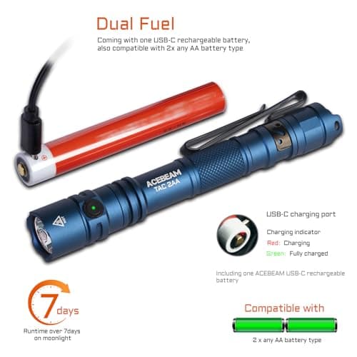 ACEBEAM TAC 2AA EDC Tactical Dual Modes Flashlight Rechargeable, 1400 High Lumens Flashlight, Dual Switch Pocket LED Flashlight, Super Bright Small Flash Light for Emergency, Camping, Home(SFT-25R HI) 5