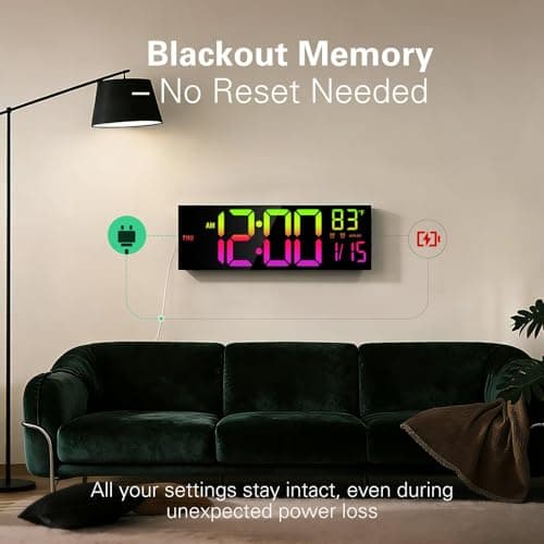 JALL 16.15 inch Large Digital Wall Clock, RGB Lights with Remote Control, Dual Alarms with Big LED Display, Auto DST, C° / F° Temperature for Classroom, Birthday Gift, Senior 8