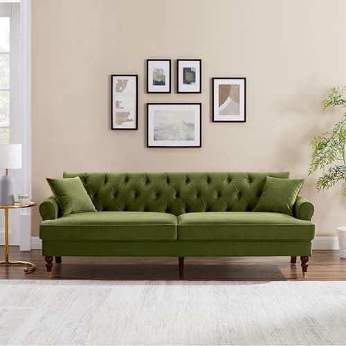VANOMi 86" Velvet Sofa, Mid-Century Modern Tufted Loveseat, 3 Seater for Living Room, Comfy Couch with Upholstered Cushion, Small Sofa for Bedroom Apartment Office (Green)