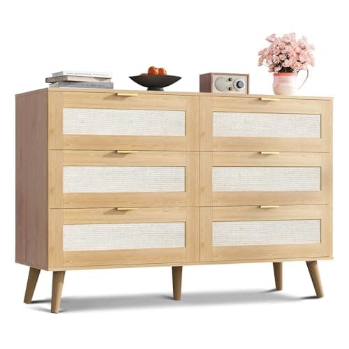 WLIVE Rattan Dresser for Bedroom, 6 Drawer 47.24'' Wide Boho Wood Dresser, Chest of Drawers, Gold Metal Handle, TV Stand for 55 inch TV, Storage Cabinet for Living Room, Hallway, Light Oak