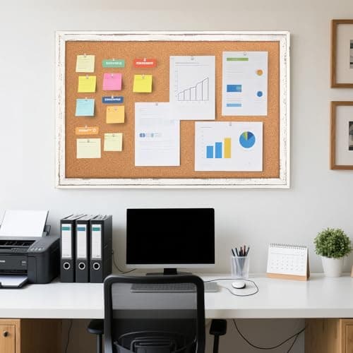 QUEENLINK Cork Board Bulletin Board, 36" x 24" Corkboard for Wall, Rustic White Wooden Frame, Hanging Pin Board for Home & Office Decor, 10 Push Pins 7