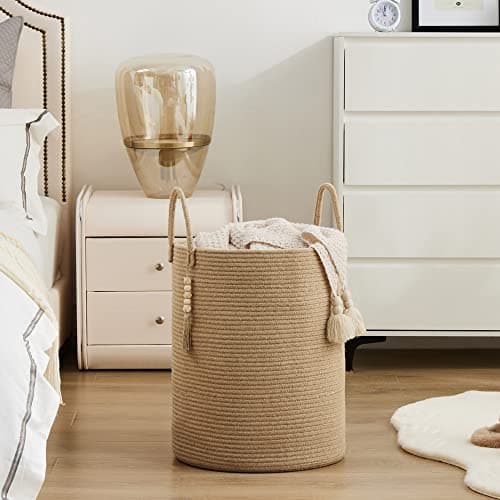 YOUDENOVA Jute Rope Laundry Hamper Basket, 58L Tall Woven Collapsible Baskets for Blanket Organizing Clothes Hamper for Laundry Bedroom Storage 5