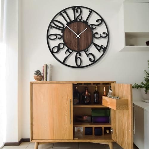 LEIKE Large LED Wall Clocks,Silent,Non Ticking,Battery Operated Rustic Round Modern Big Wood Wall Clock for Living Room, Bedroom,Kitchen,Farmhouse,Office,Home Decor -24" Black,LED,Arabic Number 6