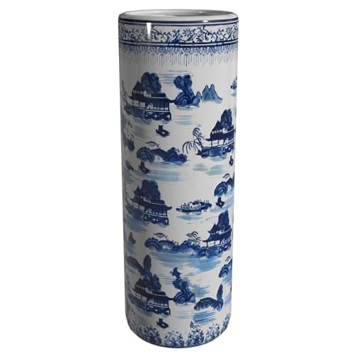 Oriental Furniture 20" Landscape Blue & White Porcelain Umbrella Stand 6