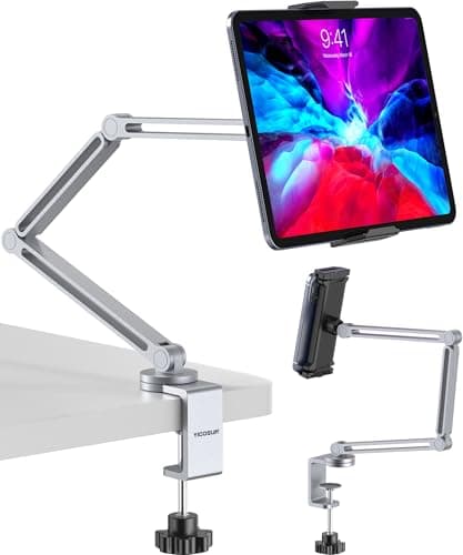 YICOSUN Tablet Arm Mount with Super Grip, Adjustable Foldable Holder & Heavy Duty Aluminum 360° Rotating Clamp for iPad, Phone, Monitor, Kindle - Universal for Desk, Bed, Kitchen - Silver